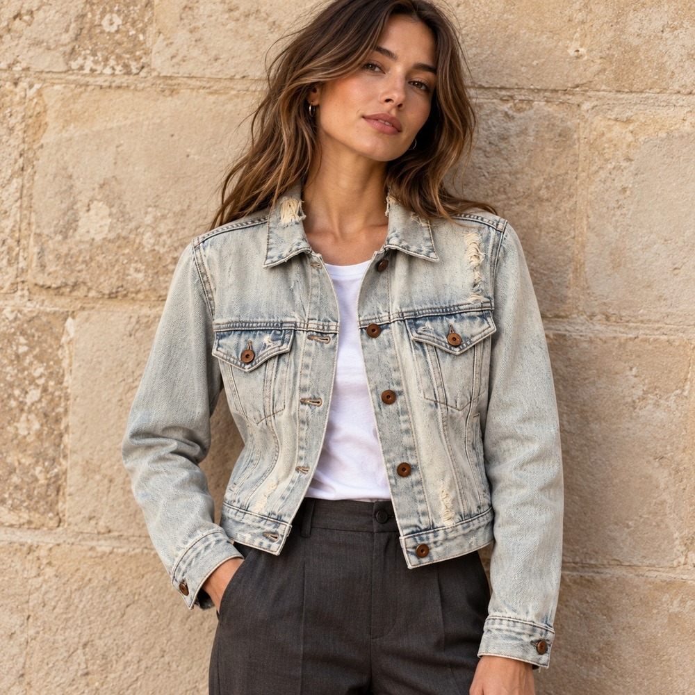 NSF Denim Trucker Jacket 100% Cotton Womens P Light Wash Distressed Made in USA